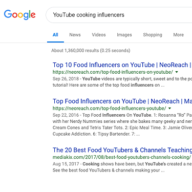 谷歌搜索烹饪类Youtube红人