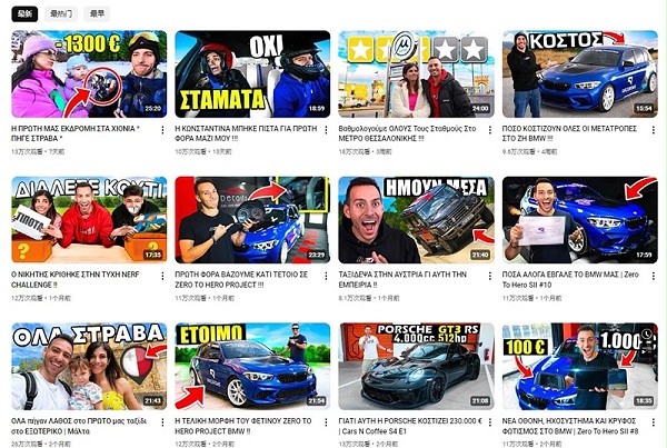 YouTube网红推广:希腊70万粉丝汽车大博主频道内容